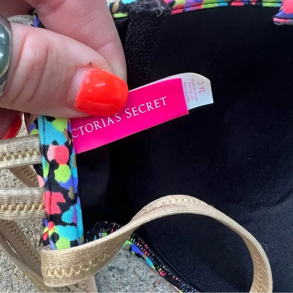 Victoria’s Secret 36C Gold Strappy Back Neon Color Dot Underwire Bandeau Bikini